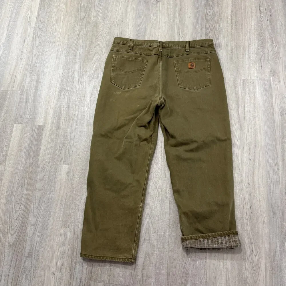 Vintage Carhartt Flannel Lined Pants Men's 42x30 Olive Denim Workwear B162-BRK